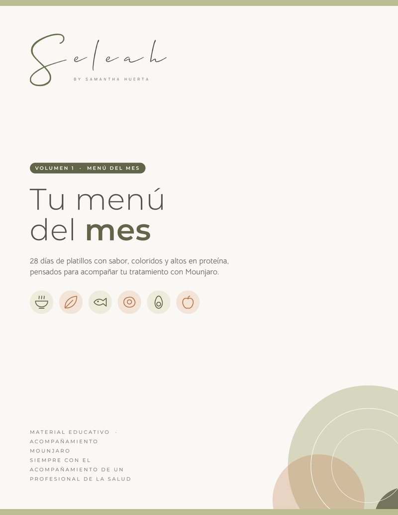 Portada del Menú del mes Volumen 1 de Seleah para acompañar el tratamiento con Mounjaro