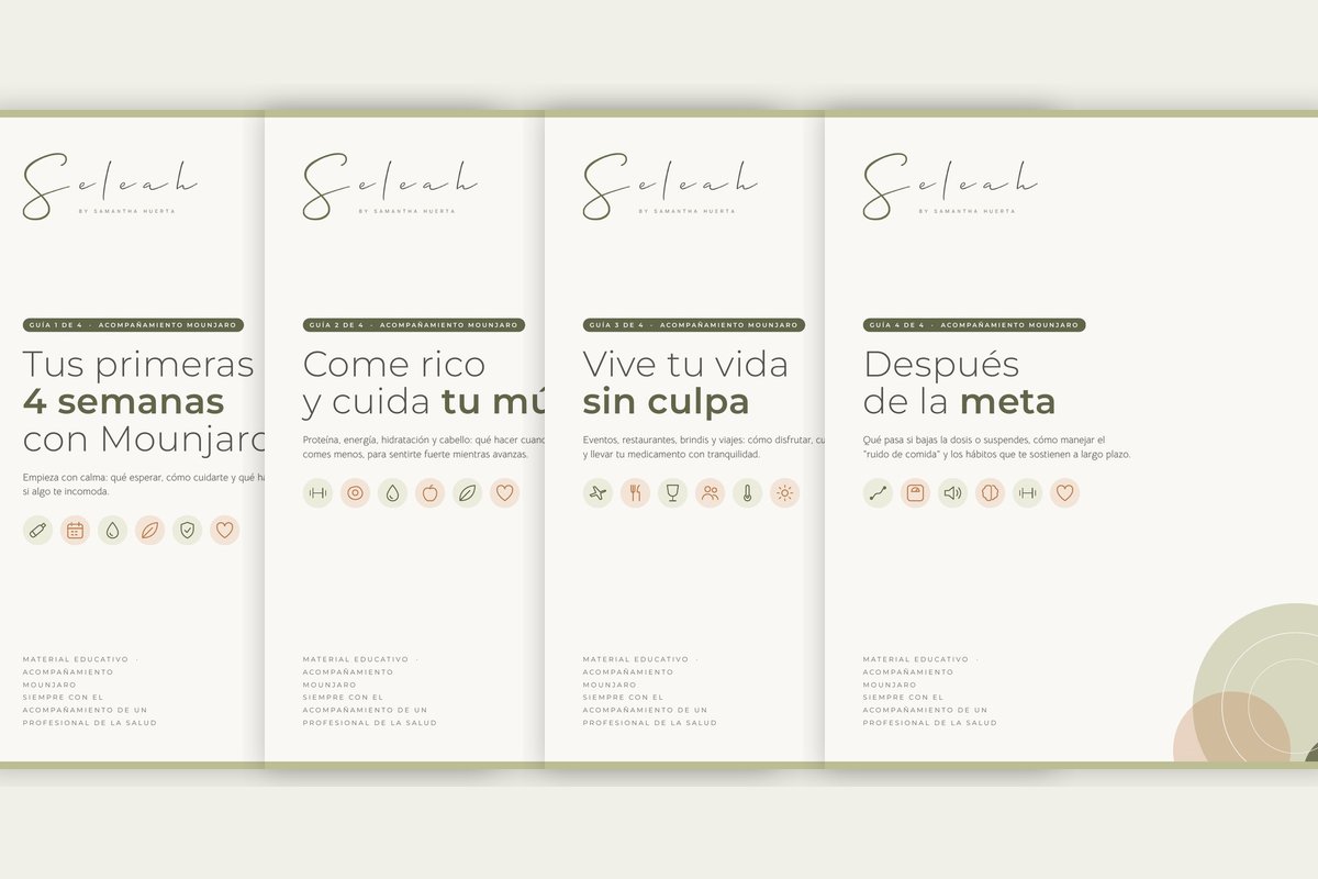 Portadas de las 4 guías Seleah para el tratamiento con Mounjaro, en tonos verde musgo y crema